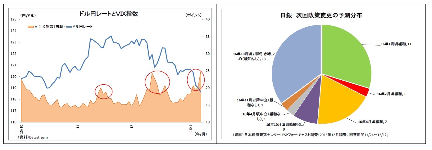 ドル円レートとVIX指数/日銀 次回政策変更の予測分布