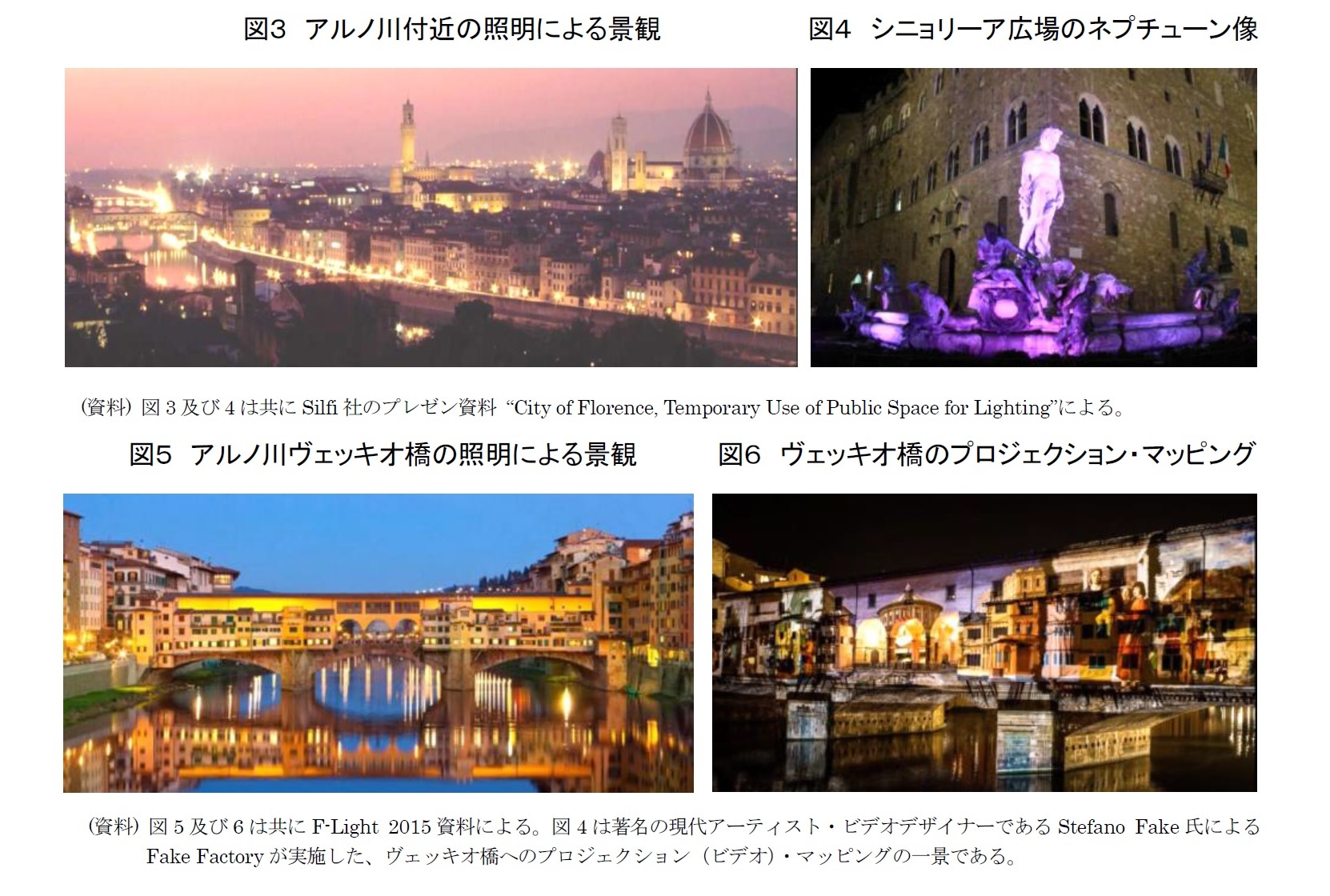 図3 アルノ川付近の照明による景観/図4 シニョリーア広場のネプチューン像/図5 アルノ川ヴェッキオ橋の照明による景観 /図6 ヴェッキオ橋のプロジェクション・マッピング