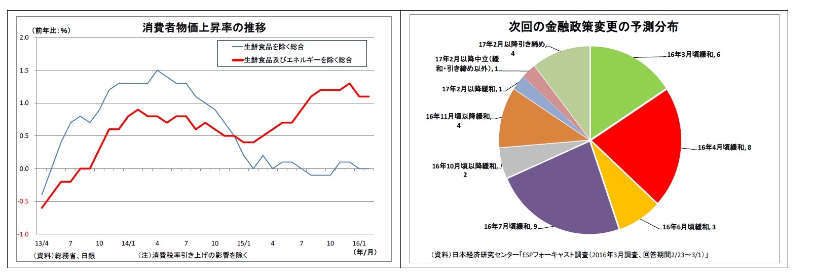 消費者物価上昇率の推移/次回の金融政策変更の予測分布
