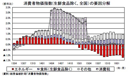 消費者物価指数(生鮮食品除く、全国）の要因分解