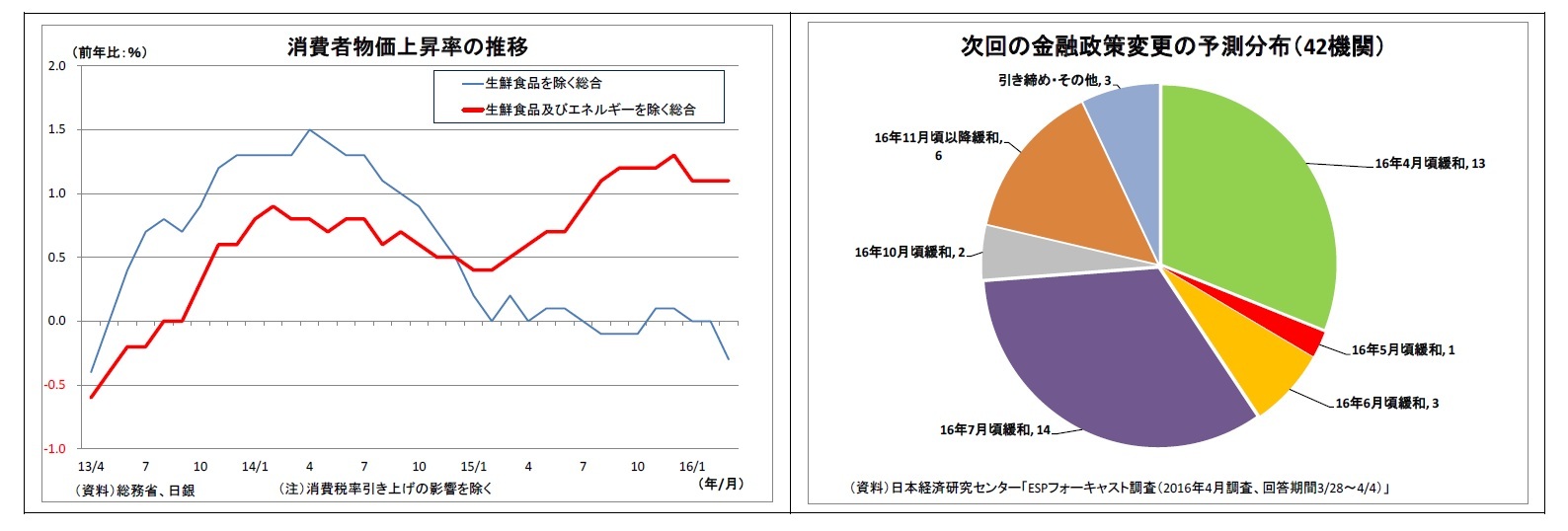 消費者物価上昇率の推移/次回の金融政策変更の予測分布（42機関）