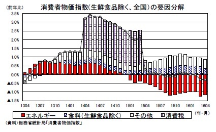 消費者物価指数(生鮮食品除く、全国）の要因分解