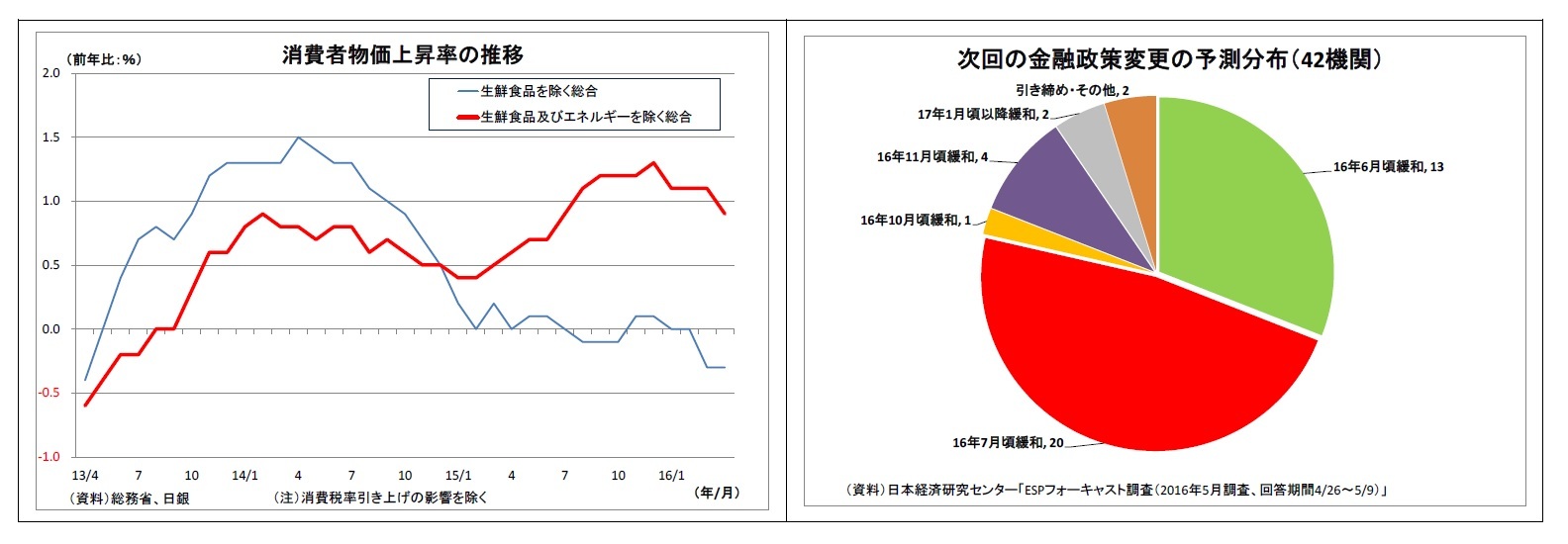 消費者物価上昇率の推移/次回の金融政策変更の予測分布（42機関）