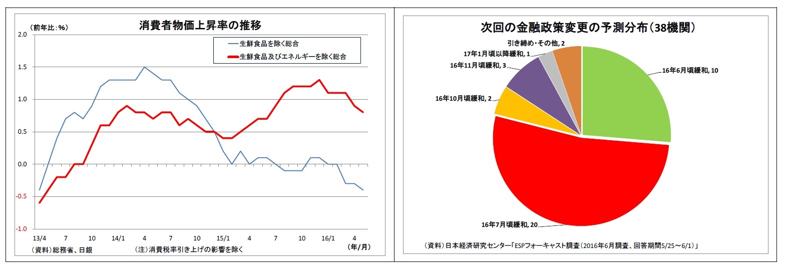 消費者物価上昇率の推移/次回の金融政策変更の予測分布（38機関）