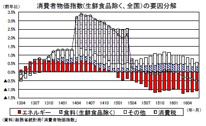 消費者物価指数(生鮮食品除く、全国）の要因分解