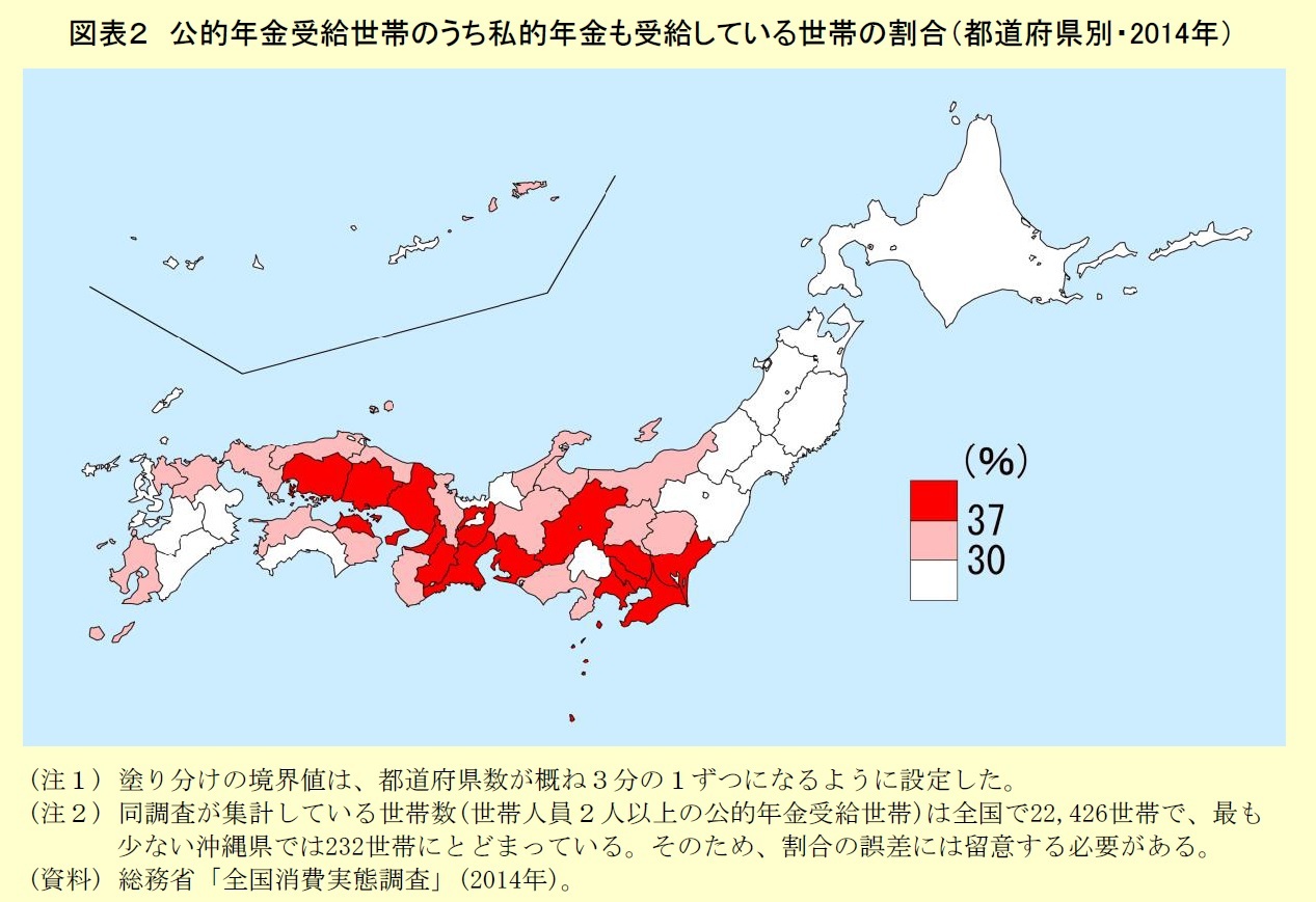 公的年金受給世帯のうち私的年金も受給している世帯の割合(都道府県別・2014年)