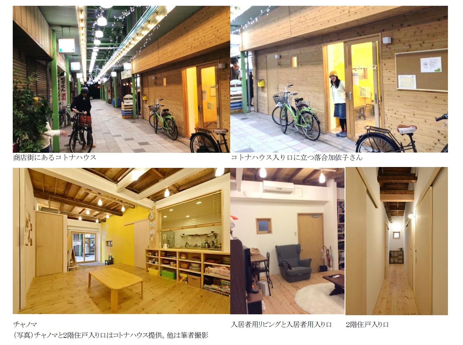 商店街にあるコトナハウス/コトナハウス入り口に立つ落合加依子さん/チャノマ/入居者用リビングと入居者用入り口/2階住戸入り口