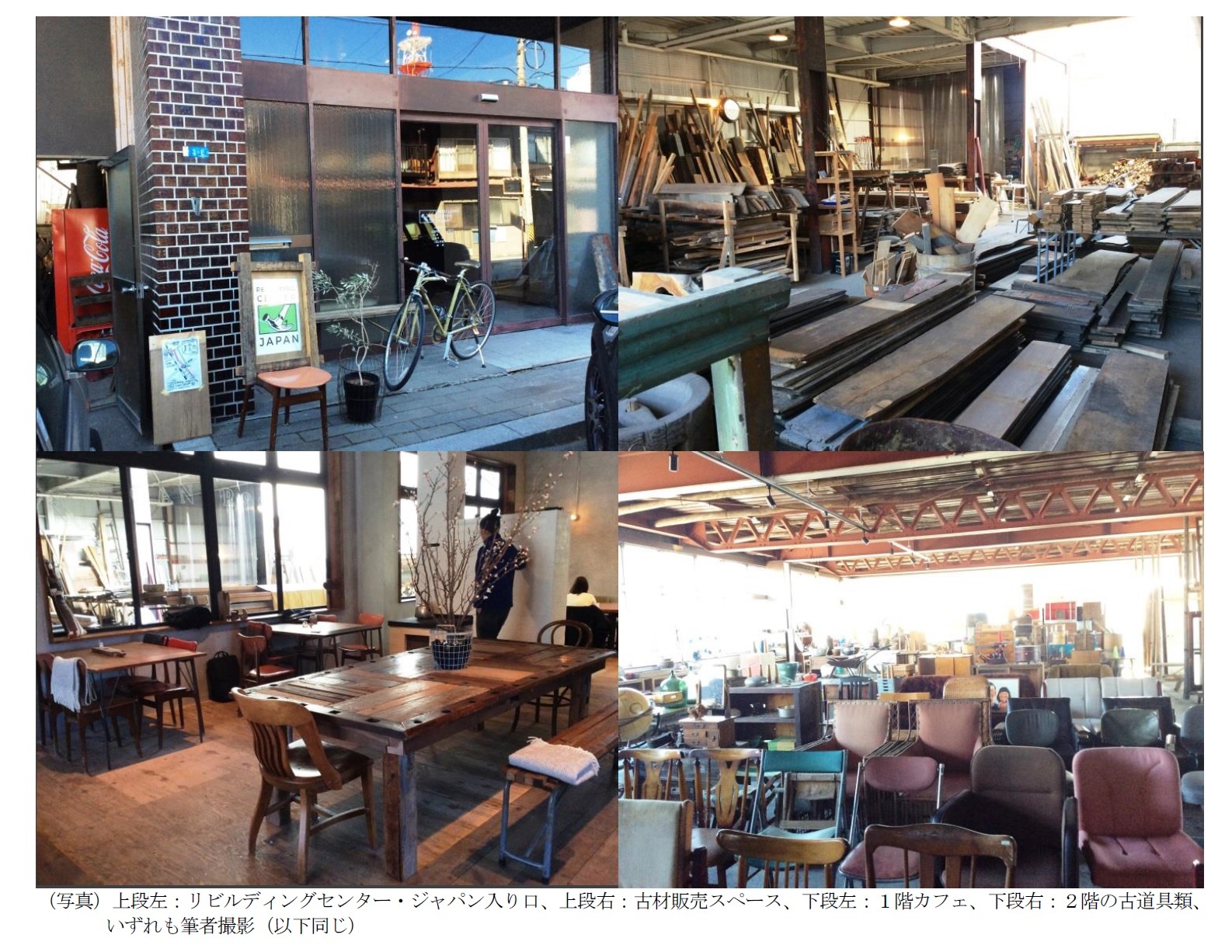 （写真）上段左：リビルディングセンター・ジャパン入り口、上段右：古材販売スペース、下段左：１階カフェ、下段右：２階の古道具類、いずれも筆者撮影（以下同じ）