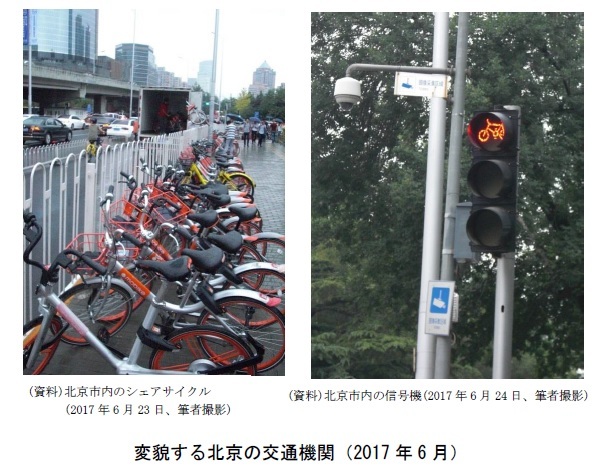 (資料)北京市内のシェアサイクル(2017年6月23日、筆者撮影)/(資料)北京市内の信号機(2017年6月24日、筆者撮影)