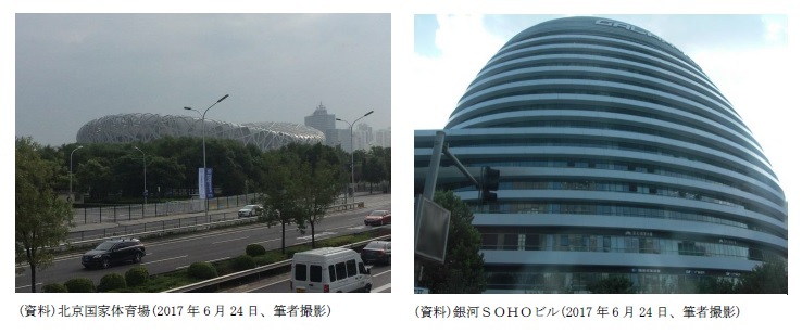 (資料)北京国家体育場(2017年6月24日、筆者撮影)/(資料)銀河SOHOビル(2017年6月24日、筆者撮影)