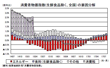 消費者物価指数(生鮮食品除く、全国）の要因分解