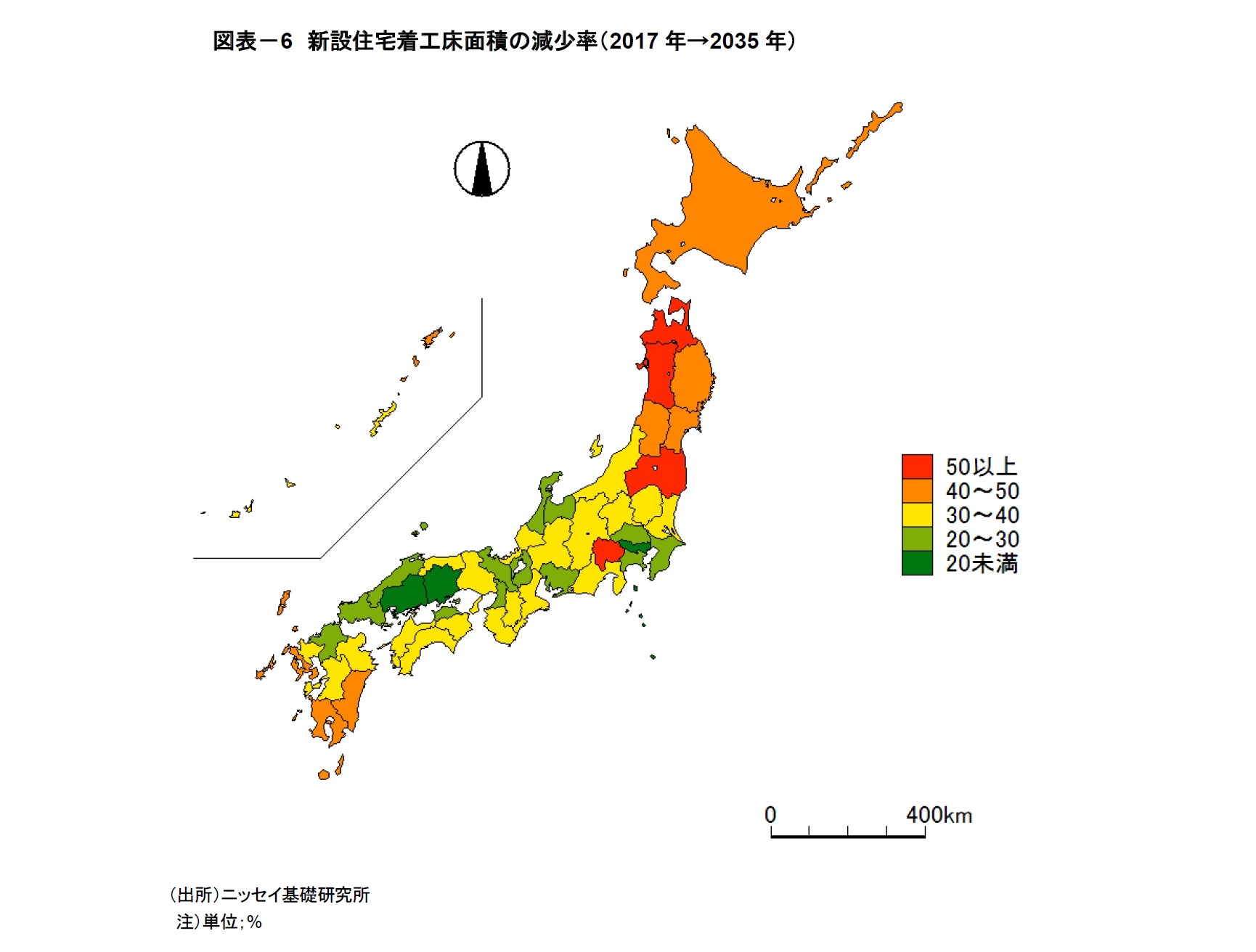 図表－6　新設住宅着工床面積の減少率（2017年→2035年）