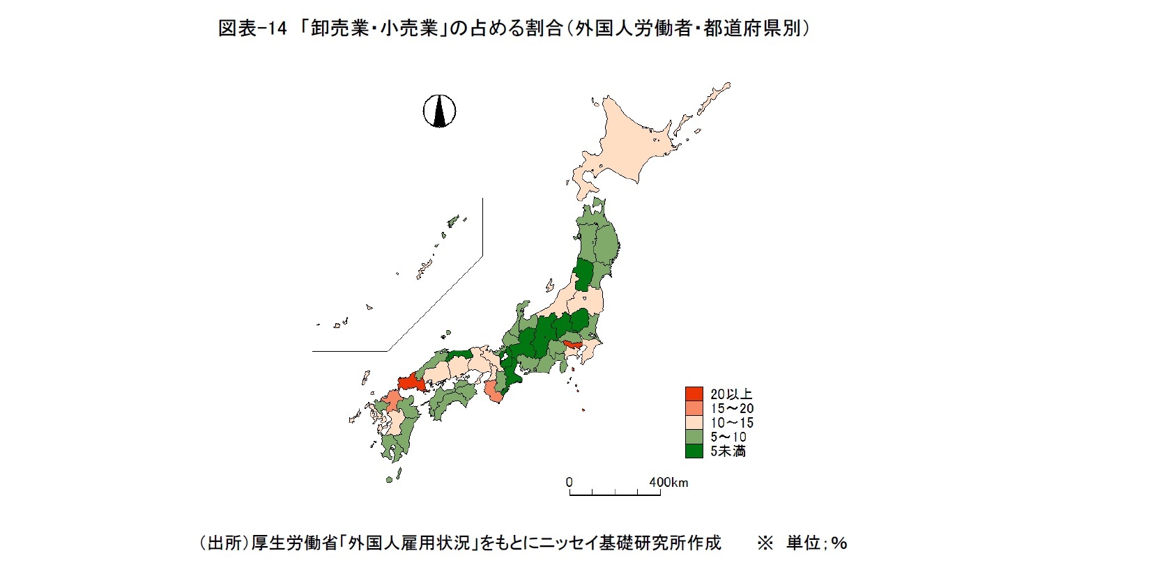 図表-14　「卸売業・小売業」の占める割合（外国人労働者・都道府県別）