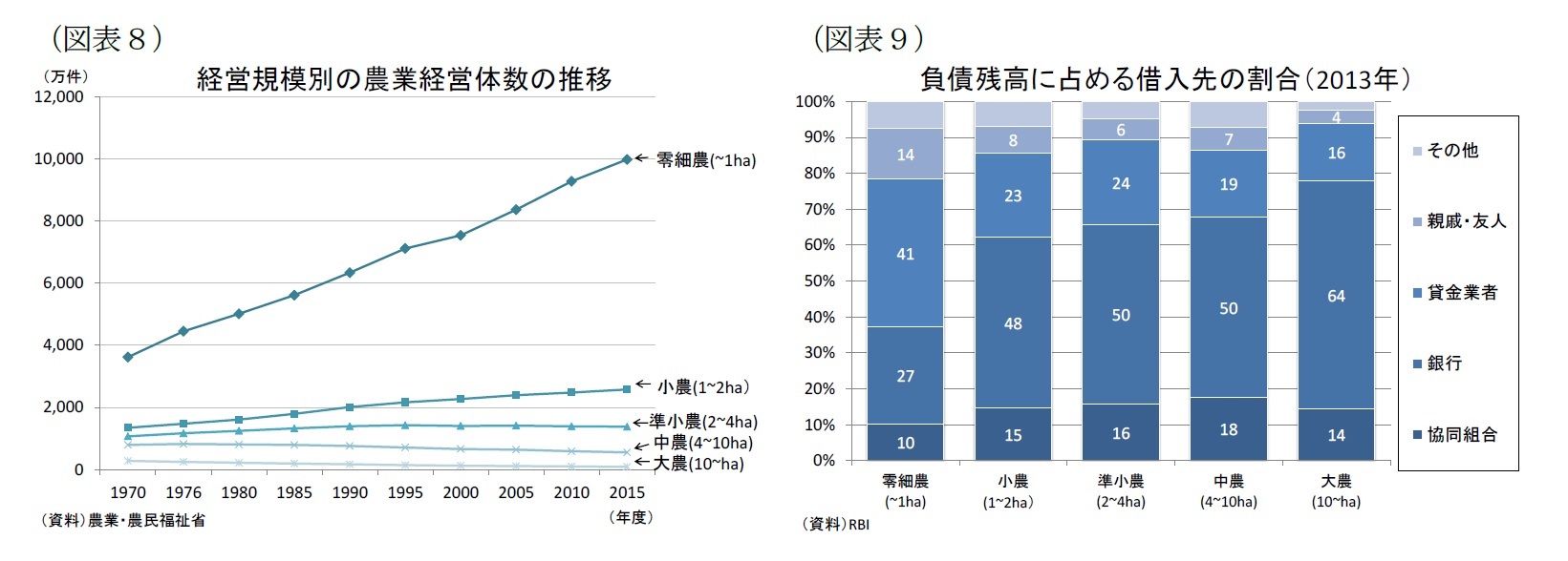 （図表８）経営規模別の農業経営体数の推移/（図表９）負債残高に占める借入先の割合（2013年）