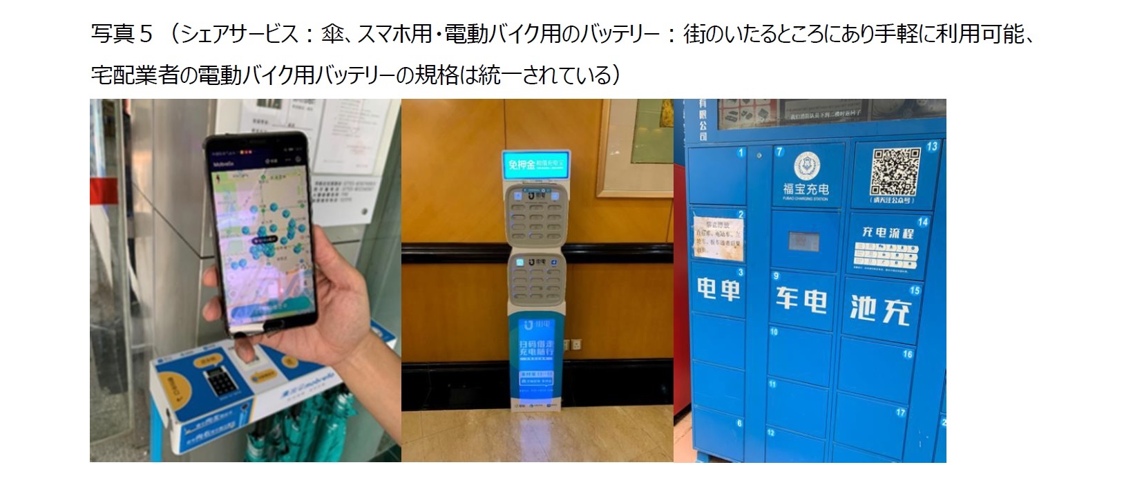 写真5(シェアサービス:傘、スマホ用・電動バイク用のバッテリー:街のいたるところにあり手軽に利用可能、宅配業者の電動バイク用バッテリーの規格は統一されている)