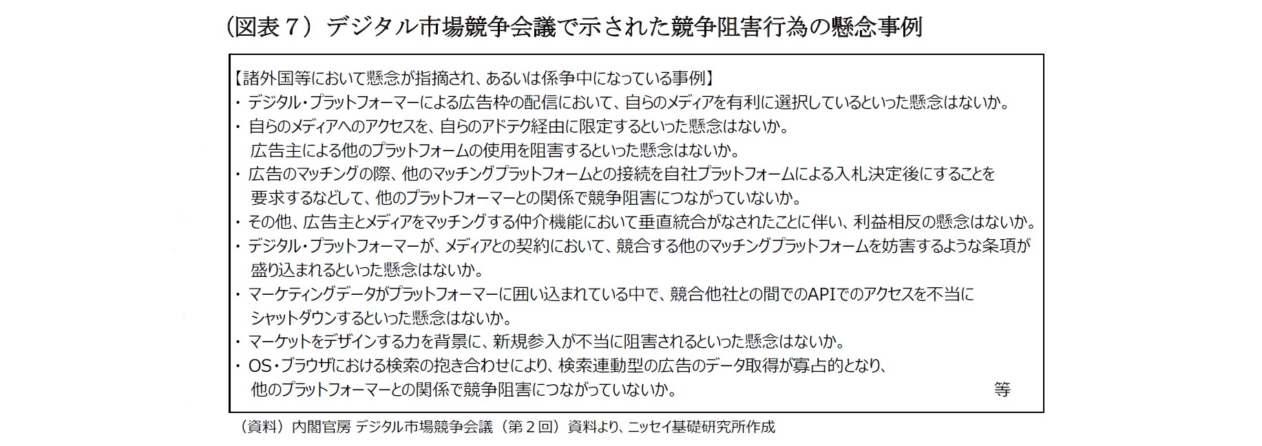 （図表７）デジタル市場競争会議で示された競争阻害行為の懸念事例