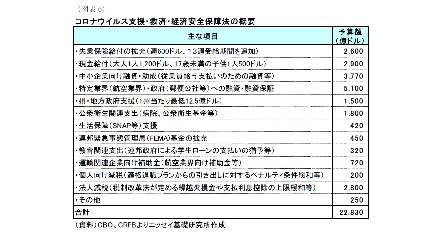 （図表6）コロナウイルス支援・救済・経済安全保障法の概要