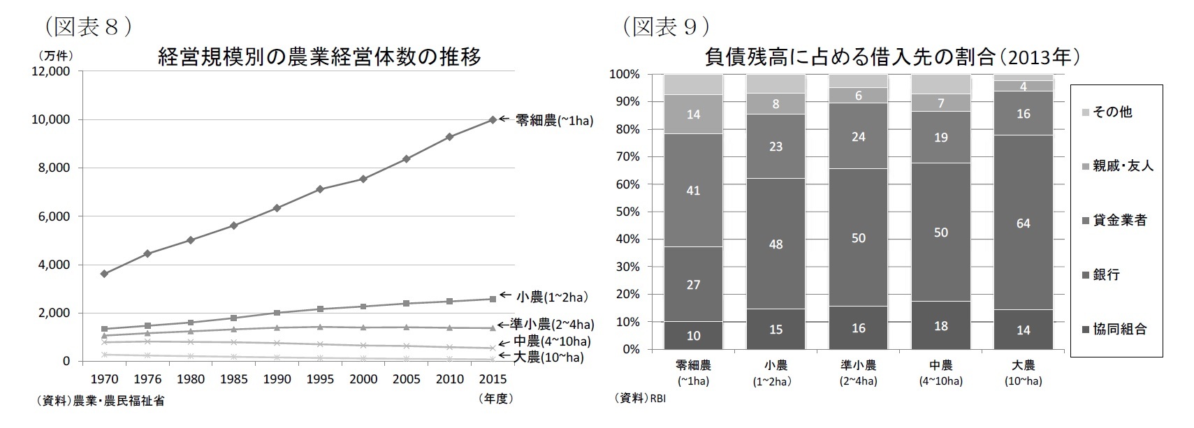 （図表８）経営規模別の農業経営体数の推移/（図表９）負債残高に占める借入先の割合（2013年）