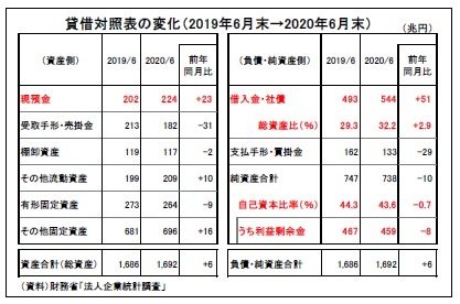 貸借対照表の変化(2019年6月末→2020年6月末)
