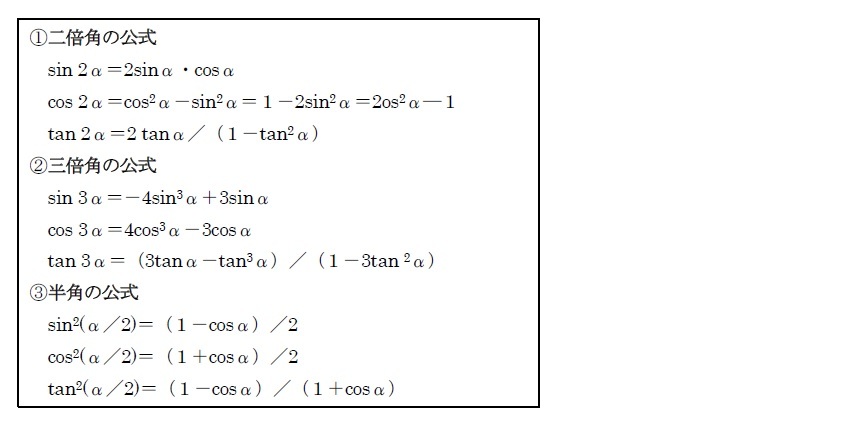二倍角、三倍角、半角の公式