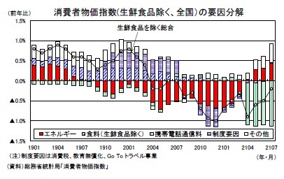 消費者物価指数(生鮮食品除く、全国）の要因分解