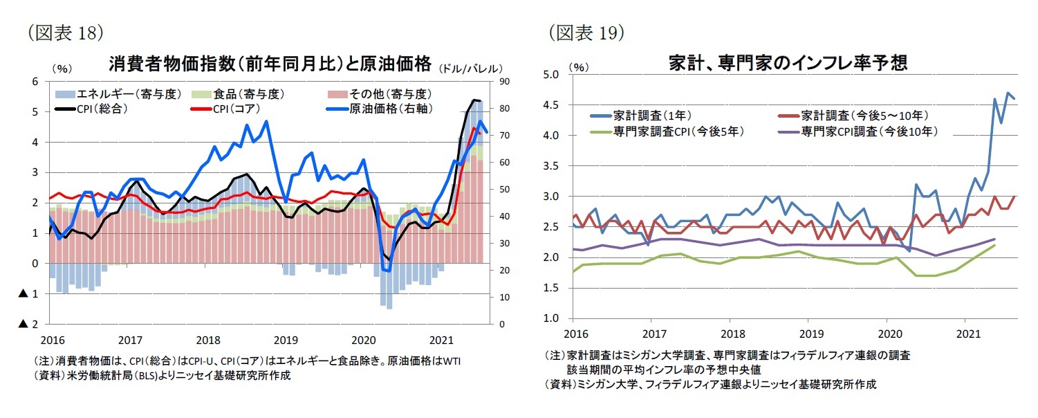 （図表18）消費者物価指数（前年同月比）と原油価格/（図表19）家計、専門家のインフレ率予想