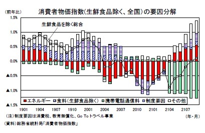 消費者物価指数(生鮮食品除く、全国）の要因分解