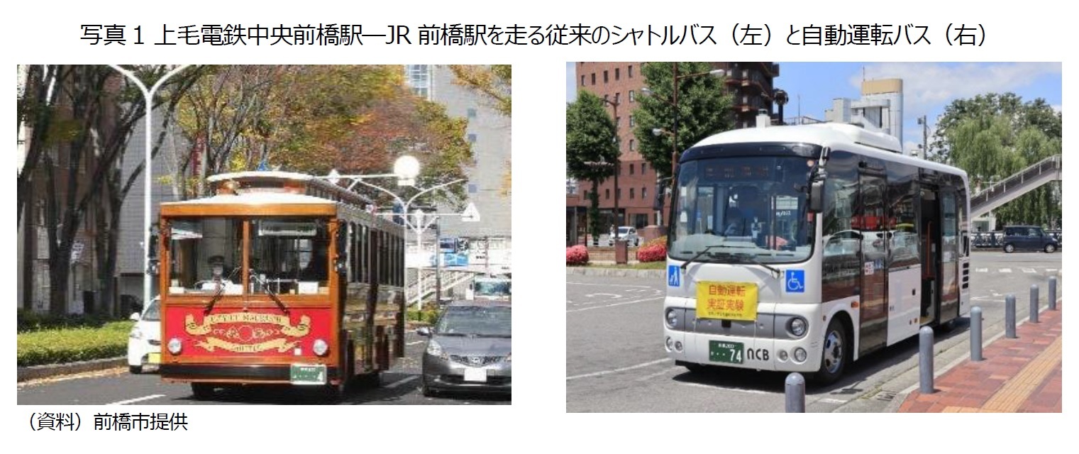 写真1 上毛電鉄中央前橋駅―JR前橋駅を走る従来のシャトルバス（左）と自動運転バス（右）