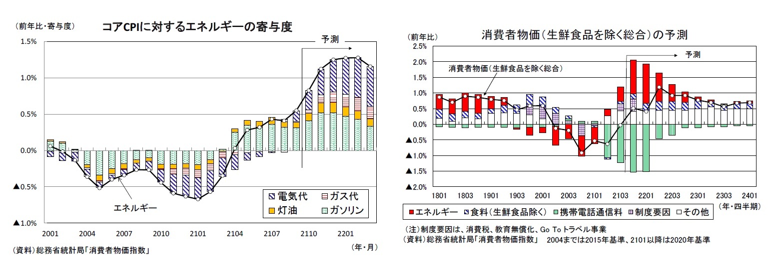 コアCPIに対するエネルギーの寄与度/消費者物価（生鮮食品を除く総合）の予測