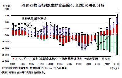 消費者物価指数(生鮮食品除く、全国）の要因分解