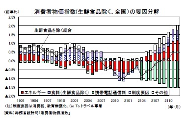 消費者物価指数(生鮮食品除く、全国）の要因分解