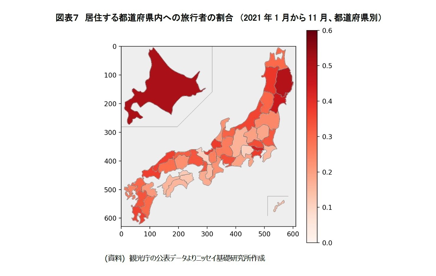 図表７　居住する都道府県内への旅行者の割合　（2021年1月から11月、都道府県別）