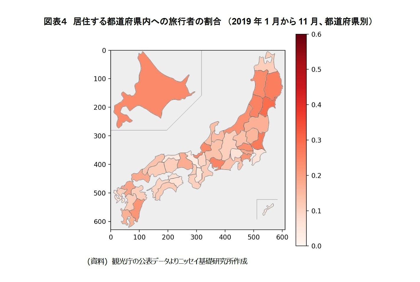 図表４　居住する都道府県内への旅行者の割合　（2019年1月から11月、都道府県別）