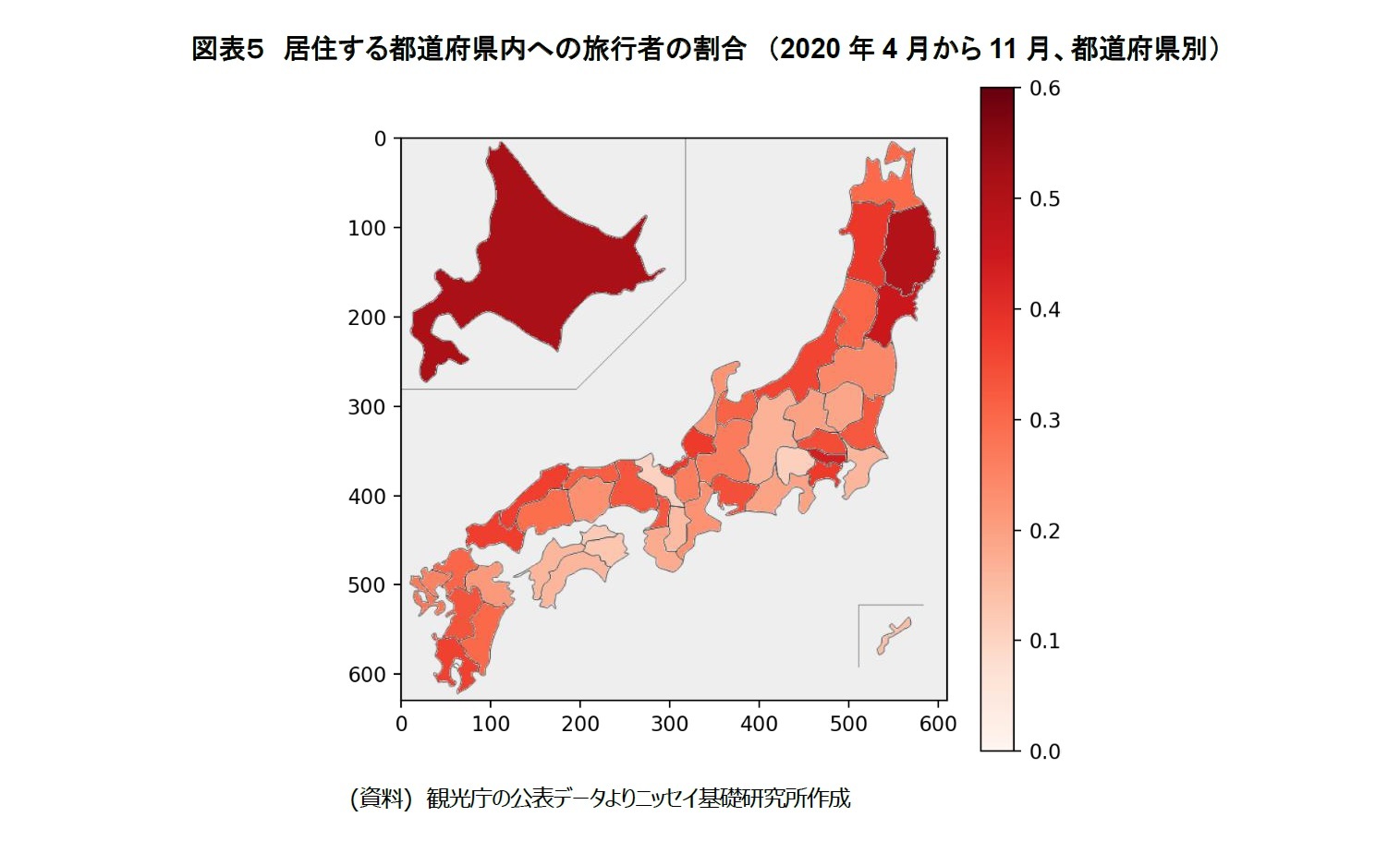 図表５　居住する都道府県内への旅行者の割合　（2020年4月から11月、都道府県別）