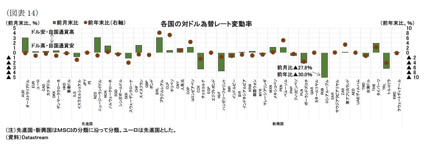 （図表14）各国の対ドル為替レート変動率