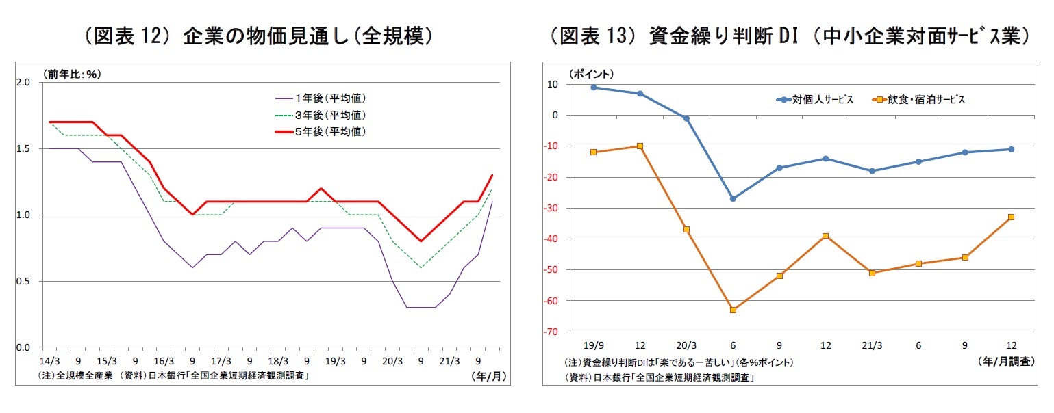 （図表12）企業の物価見通し(全規模）/（図表13）資金繰り判断DI（中小企業対面ｻｰﾋﾞｽ業）