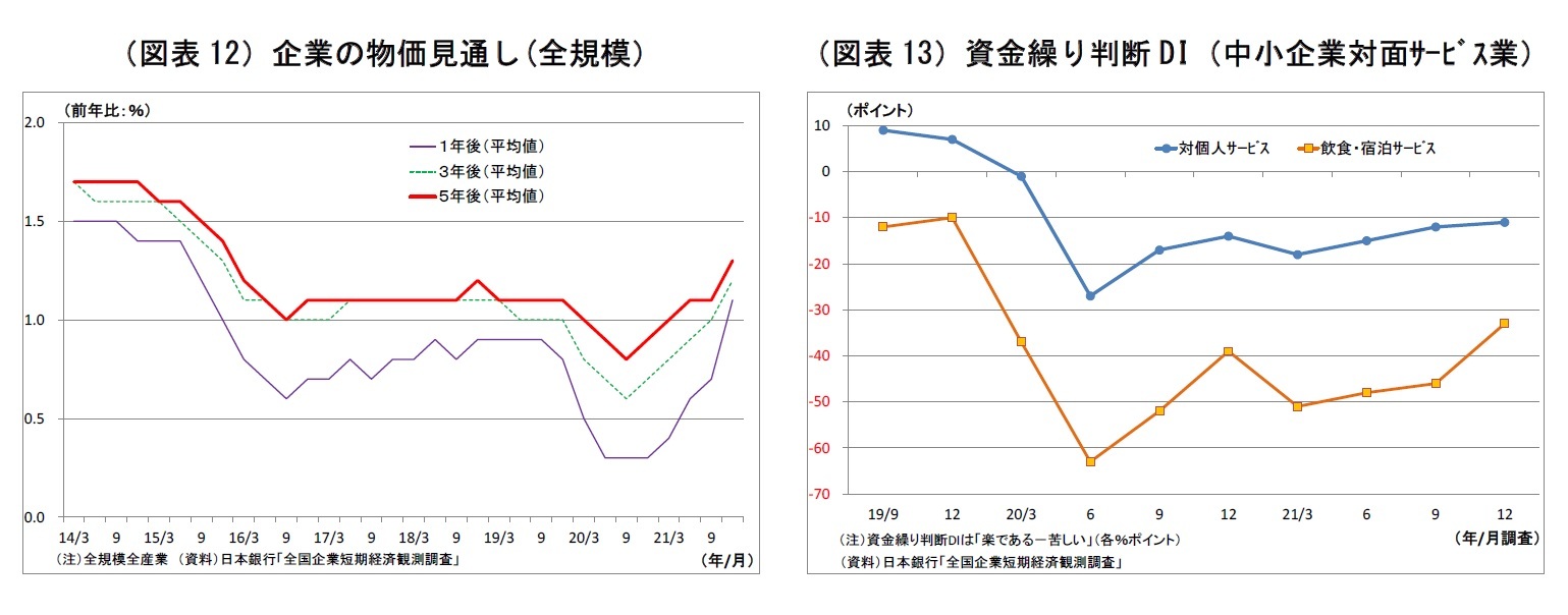 (図表12)企業の物価見通し(全規模)/(図表13)資金繰り判断DI(中小企業対面サービス業)