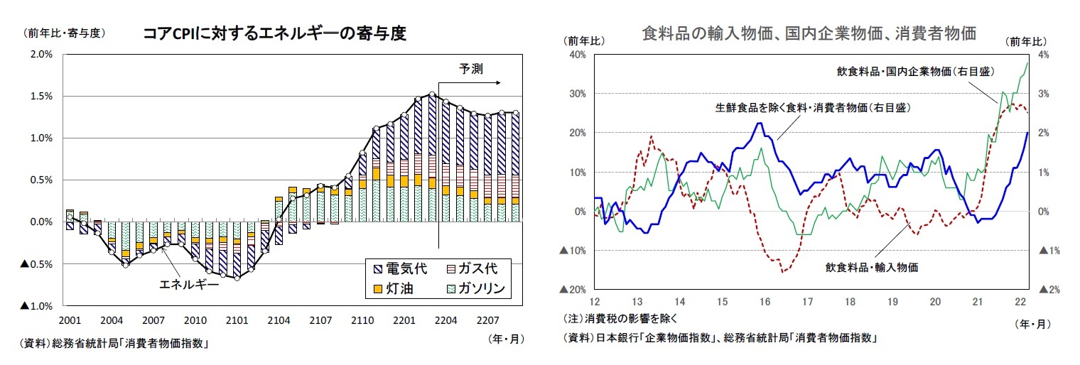 コアCPIに対するエネルギーの寄与度/食料品の輸入物価、国内企業物価、消費者物価