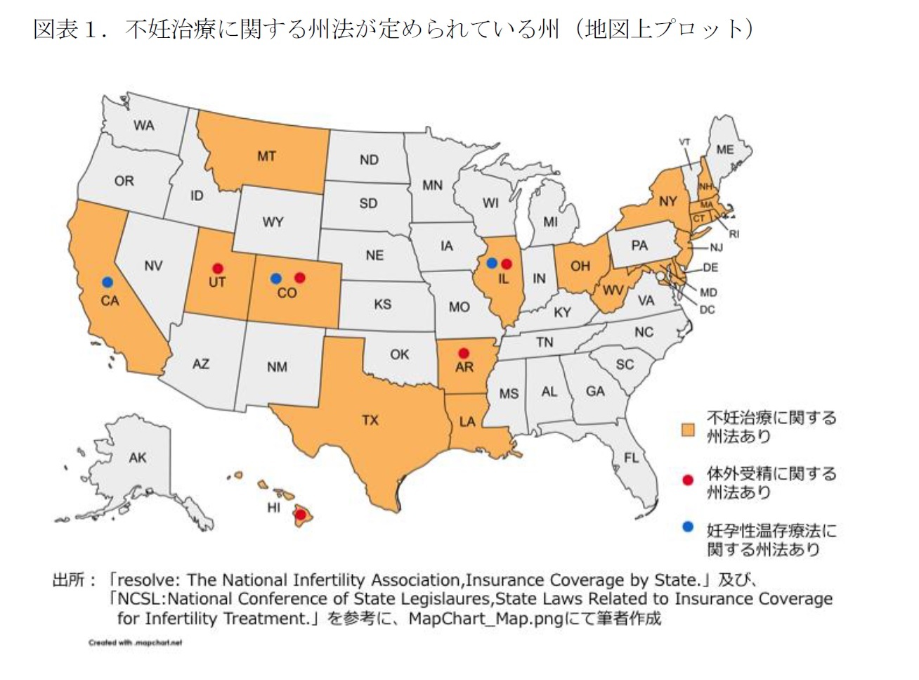 図表１. 不妊治療に関する州法が定められている州（地図上プロット）