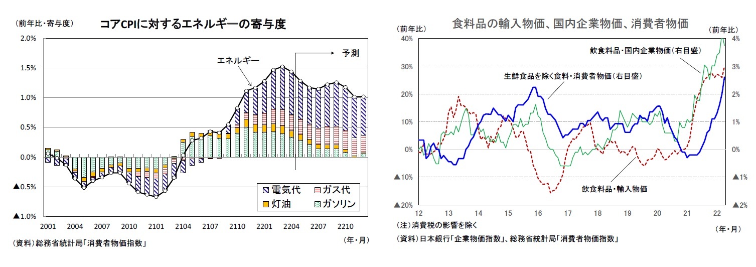 コアCPIに対するエネルギーの寄与度/食料品の輸入物価、国内企業物価、消費者物価