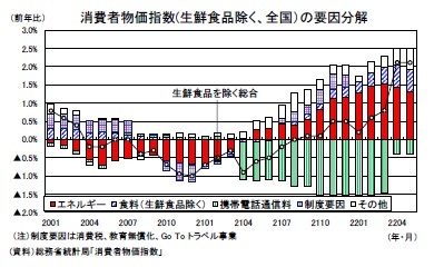 消費者物価指数(生鮮食品除く、全国）の要因分解