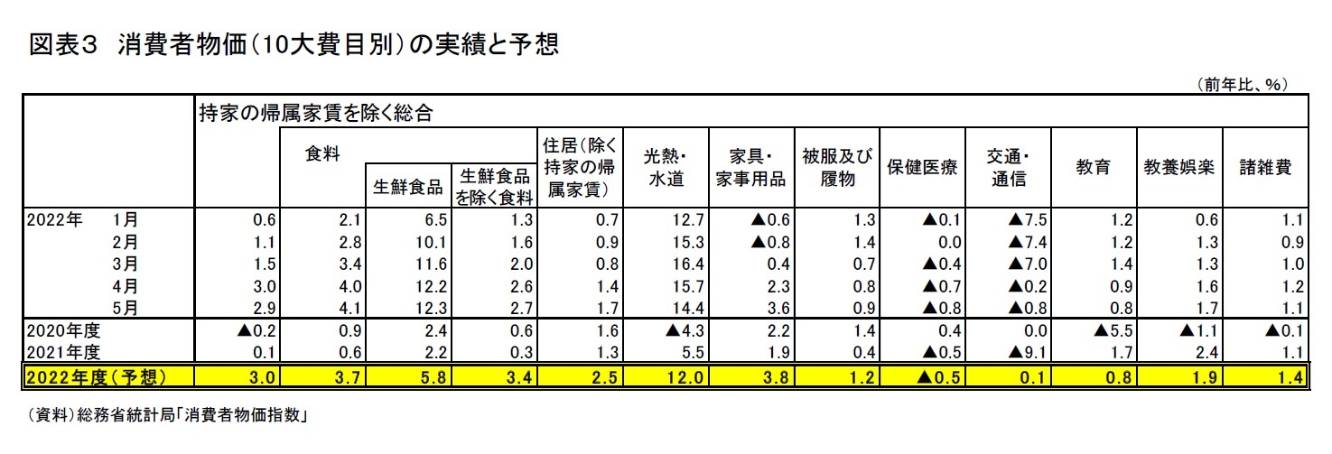 図表３　消費者物価（10大費目別）の実績と予想