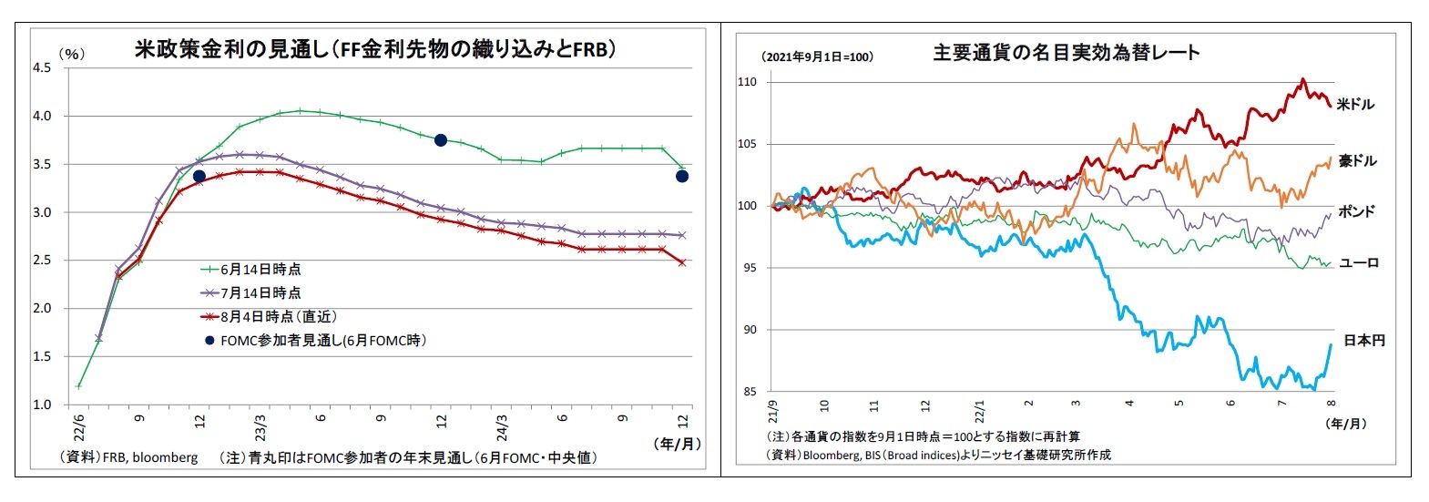 米政策金利の見通し（FF金利先物の織り込みとFRB）/主要通貨の名目実効為替レート