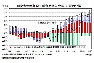 消費者物価指数(生鮮食品除く、全国）の要因分解