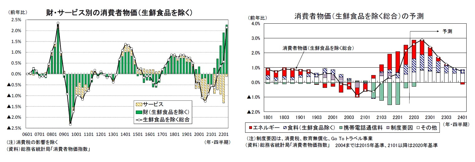 財・サービス別の消費者物価（生鮮食品を除く）/消費者物価（生鮮食品を除く総合）の予測