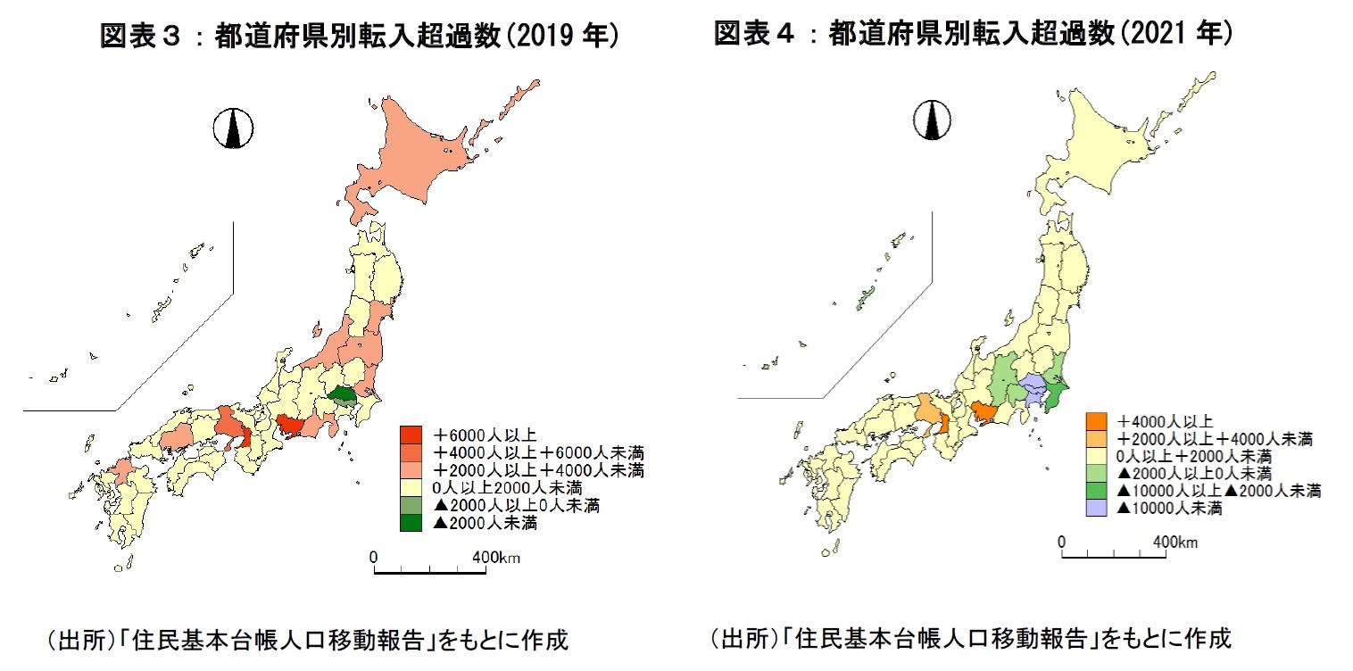 図表３：都道府県別転入超過数(2019年)/図表４：都道府県別転入超過数(2021年)