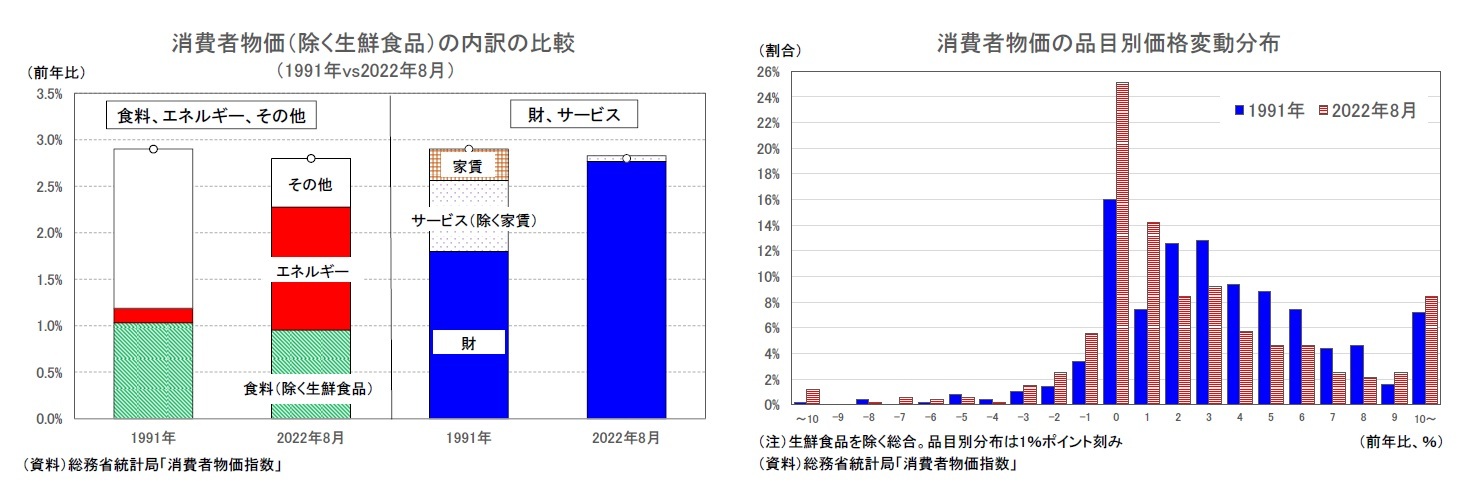 消費者物価（除く生鮮食品）の内訳の比較（1991年vs2022年8月）/消費者物価の品目別価格変動分布