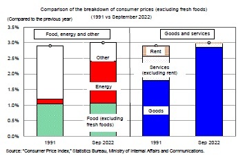 Comparison of the breakdown of consumer prices (excluding fresh foods)(1991 vs September 2022)