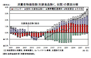 消費者物価指数(生鮮食品除く、全国）の要因分解