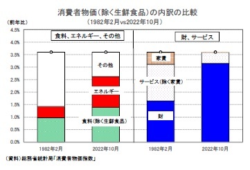 消費者物価（除く生鮮食品）の内訳の比較（1982年4月vs2022年10月）